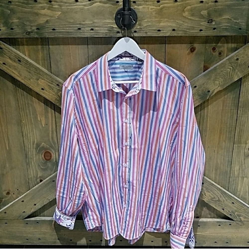 TED BAKER LONDON STRIPED BUTTON-DOWN SHIRT COLORFUL Classic Vintage Retro Mod